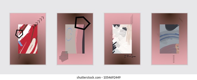 Set of artistic abstract universal card templates with simple geometric shapes and hand drawn doodle texture. Social media web banner. Bright colored isolated on white background cover template.