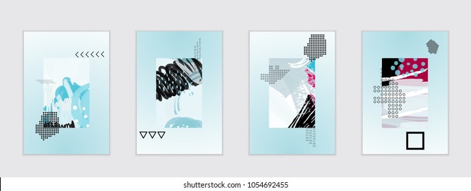 Set of artistic abstract universal card templates with simple geometric shapes and hand drawn doodle texture. Social media web banner. Bright colored isolated on white background cover template.