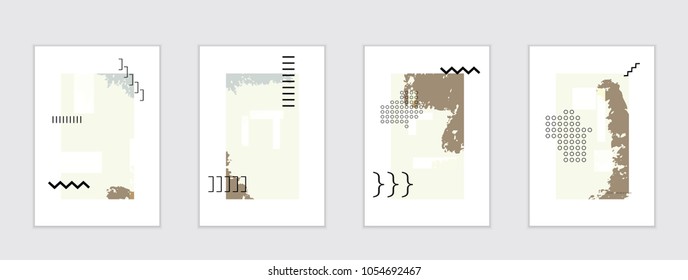 Set of artistic abstract universal card templates with simple geometric shapes and hand drawn doodle texture. Social media web banner. Bright colored isolated on white background cover template.