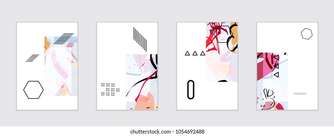 Set of artistic abstract universal card templates with simple geometric shapes and hand drawn doodle texture. Social media web banner. Bright colored isolated on white background cover template.
