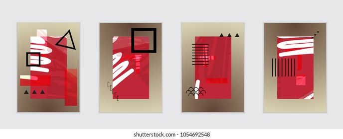 Set of artistic abstract universal card templates with simple geometric shapes and hand drawn doodle texture. Social media web banner. Bright colored isolated on white background cover template.