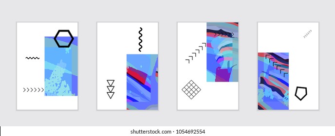 Set of artistic abstract universal card templates with simple geometric shapes and hand drawn doodle texture. Social media web banner. Bright colored isolated on white background cover template.