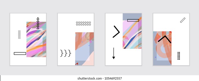 Set of artistic abstract universal card templates with simple geometric shapes and hand drawn doodle texture. Social media web banner. Bright colored isolated on white background cover template.