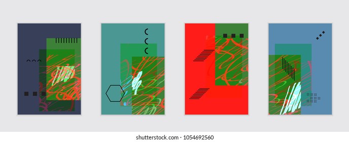 Set of artistic abstract universal card templates with simple geometric shapes and hand drawn doodle texture. Social media web banner. Bright colored isolated on white background cover template.