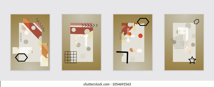 Set of artistic abstract universal card templates with simple geometric shapes and hand drawn doodle texture. Social media web banner. Bright colored isolated on white background cover template.