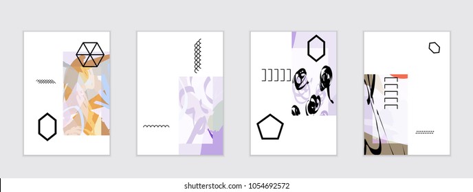 Set of artistic abstract universal card templates with simple geometric shapes and hand drawn doodle texture. Social media web banner. Bright colored isolated on white background cover template.