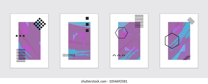 Set of artistic abstract universal card templates with simple geometric shapes and hand drawn doodle texture. Social media web banner. Bright colored isolated on white background cover template.