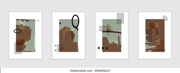 Set of artistic abstract universal card templates with simple geometric shapes and hand drawn doodle texture. Social media web banner. Bright colored isolated on white background cover template.