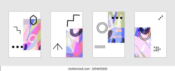 Set of artistic abstract universal card templates with simple geometric shapes and hand drawn doodle texture. Social media web banner. Bright colored isolated on white background cover template.
