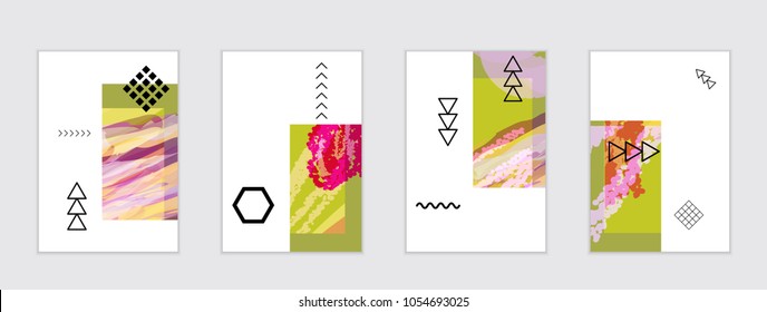 Set of artistic abstract universal card templates with simple geometric shapes and hand drawn doodle texture. Social media web banner. Bright colored isolated on white background cover template.