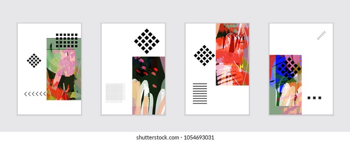 Set of artistic abstract universal card templates with simple geometric shapes and hand drawn doodle texture. Social media web banner. Bright colored isolated on white background cover template.