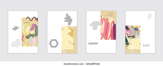 Set of artistic abstract universal card templates with simple geometric shapes and hand drawn doodle texture. Social media web banner. Bright colored isolated on white background cover template.