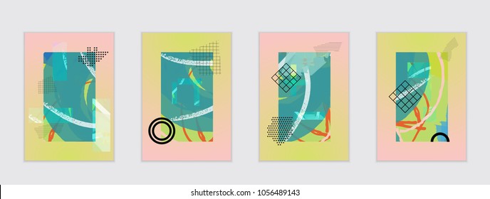 Set of artistic abstract universal card templates with simple geometric shapes and hand drawn doodle texture. Social media web banner. Bright colored isolated on white background cover template.