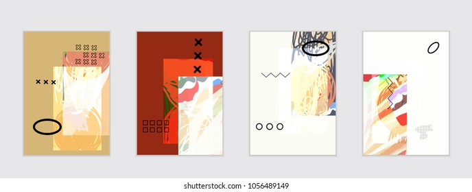 Set of artistic abstract universal card templates with simple geometric shapes and hand drawn doodle texture. Social media web banner. Bright colored isolated on white background cover template.