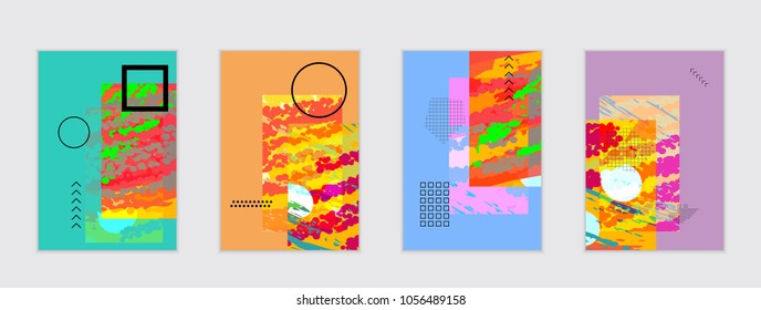 Set of artistic abstract universal card templates with simple geometric shapes and hand drawn doodle texture. Social media web banner. Bright colored isolated on white background cover template.