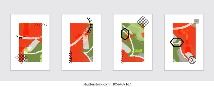 Set of artistic abstract universal card templates with simple geometric shapes and hand drawn doodle texture. Social media web banner. Bright colored isolated on white background cover template.