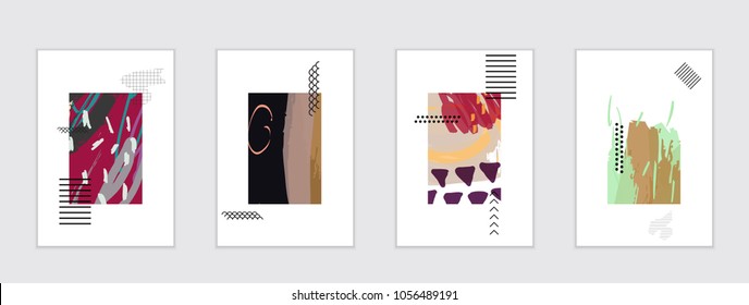 Set of artistic abstract universal card templates with simple geometric shapes and hand drawn doodle texture. Social media web banner. Bright colored isolated on white background cover template.