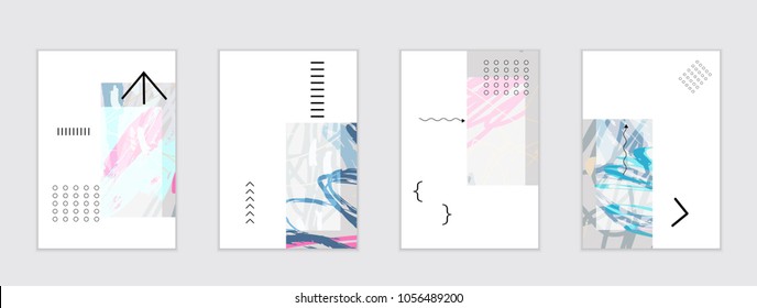 Set of artistic abstract universal card templates with simple geometric shapes and hand drawn doodle texture. Social media web banner. Bright colored isolated on white background cover template.