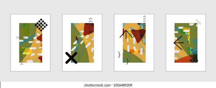Set of artistic abstract universal card templates with simple geometric shapes and hand drawn doodle texture. Social media web banner. Bright colored isolated on white background cover template.