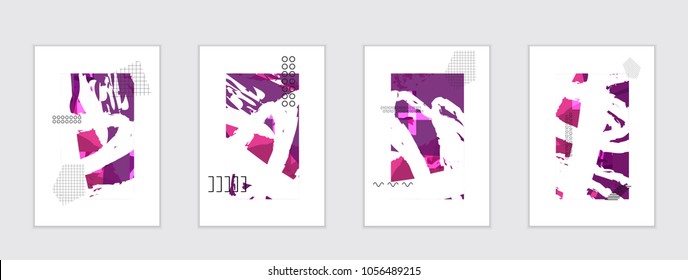 Set of artistic abstract universal card templates with simple geometric shapes and hand drawn doodle texture. Social media web banner. Bright colored isolated on white background cover template.