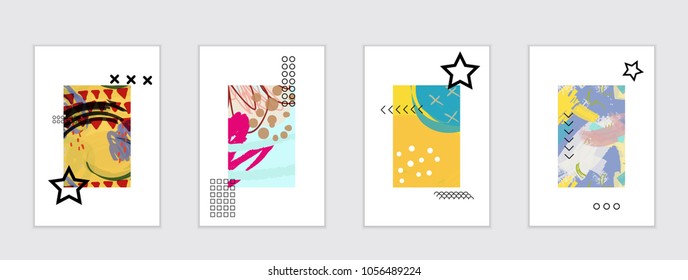 Set of artistic abstract universal card templates with simple geometric shapes and hand drawn doodle texture. Social media web banner. Bright colored isolated on white background cover template.