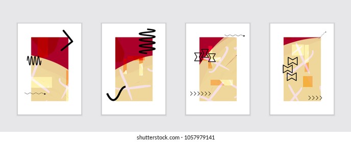 Set of artistic abstract universal card templates with simple geometric shapes and hand drawn doodle texture. Social media web banner. Bright colored isolated on white background cover template.