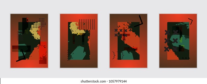 Set of artistic abstract universal card templates with simple geometric shapes and hand drawn doodle texture. Social media web banner. Bright colored isolated on white background cover template.
