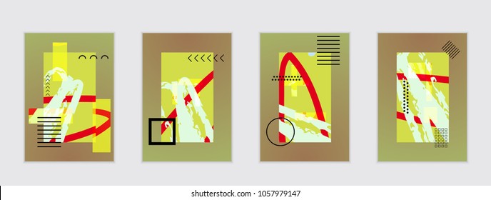 Set of artistic abstract universal card templates with simple geometric shapes and hand drawn doodle texture. Social media web banner. Bright colored isolated on white background cover template.