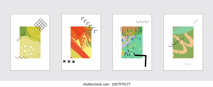 Set of artistic abstract universal card templates with simple geometric shapes and hand drawn doodle texture. Social media web banner. Bright colored isolated on white background cover template.