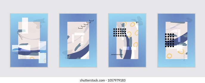 Set of artistic abstract universal card templates with simple geometric shapes and hand drawn doodle texture. Social media web banner. Bright colored isolated on white background cover template.