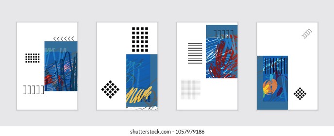 Set of artistic abstract universal card templates with simple geometric shapes and hand drawn doodle texture. Social media web banner. Bright colored isolated on white background cover template.