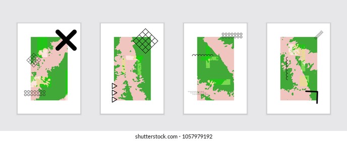 Set of artistic abstract universal card templates with simple geometric shapes and hand drawn doodle texture. Social media web banner. Bright colored isolated on white background cover template.