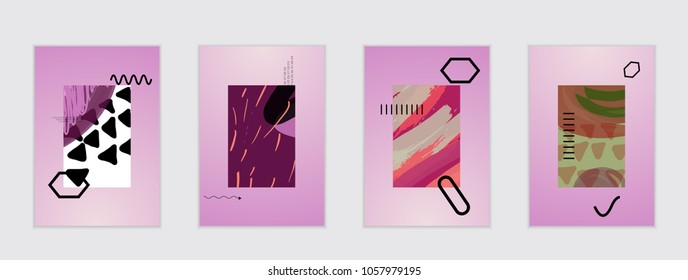 Set of artistic abstract universal card templates with simple geometric shapes and hand drawn doodle texture. Social media web banner. Bright colored isolated on white background cover template.