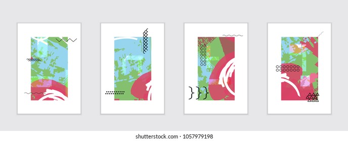 Set of artistic abstract universal card templates with simple geometric shapes and hand drawn doodle texture. Social media web banner. Bright colored isolated on white background cover template.