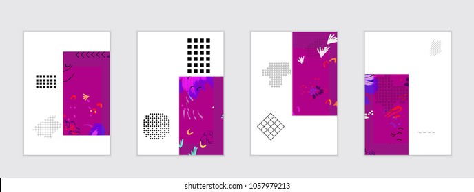 Set of artistic abstract universal card templates with simple geometric shapes and hand drawn doodle texture. Social media web banner. Bright colored isolated on white background cover template.