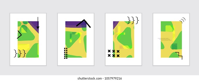Set of artistic abstract universal card templates with simple geometric shapes and hand drawn doodle texture. Social media web banner. Bright colored isolated on white background cover template.