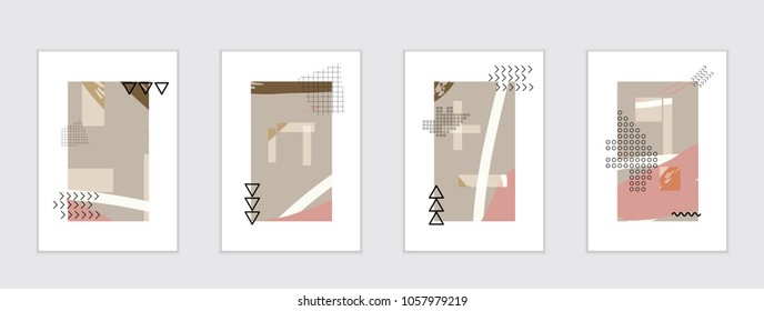 Set of artistic abstract universal card templates with simple geometric shapes and hand drawn doodle texture. Social media web banner. Bright colored isolated on white background cover template.