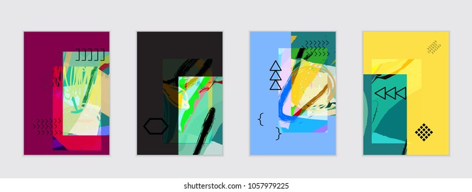 Set of artistic abstract universal card templates with simple geometric shapes and hand drawn doodle texture. Social media web banner. Bright colored isolated on white background cover template.