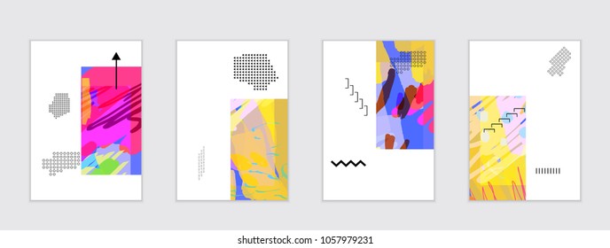 Set of artistic abstract universal card templates with simple geometric shapes and hand drawn doodle texture. Social media web banner. Bright colored isolated on white background cover template.