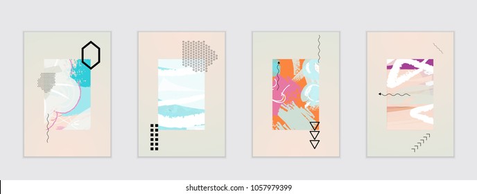 Set of artistic abstract universal card templates with simple geometric shapes and hand drawn doodle texture. Social media web banner. Bright colored isolated on white background cover template.