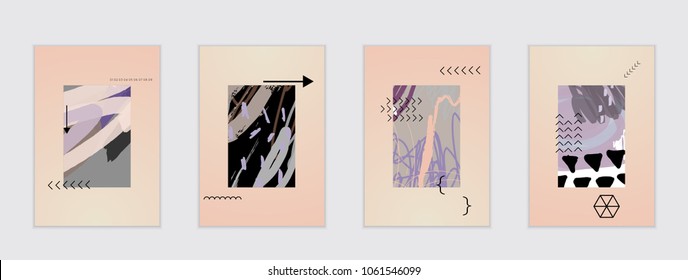 Set of artistic abstract universal card templates with simple geometric shapes and hand drawn doodle texture. Social media web banner. Bright colored isolated on white background cover template.