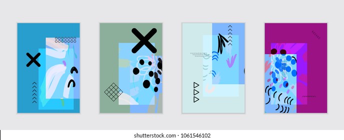 Set of artistic abstract universal card templates with simple geometric shapes and hand drawn doodle texture. Social media web banner. Bright colored isolated on white background cover template.