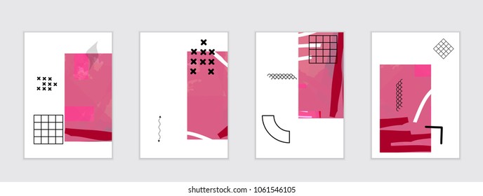 Set of artistic abstract universal card templates with simple geometric shapes and hand drawn doodle texture. Social media web banner. Bright colored isolated on white background cover template.