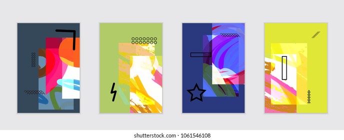 Set of artistic abstract universal card templates with simple geometric shapes and hand drawn doodle texture. Social media web banner. Bright colored isolated on white background cover template.