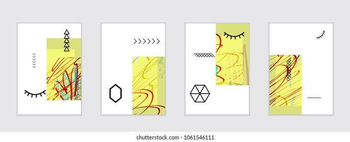 Set of artistic abstract universal card templates with simple geometric shapes and hand drawn doodle texture. Social media web banner. Bright colored isolated on white background cover template.