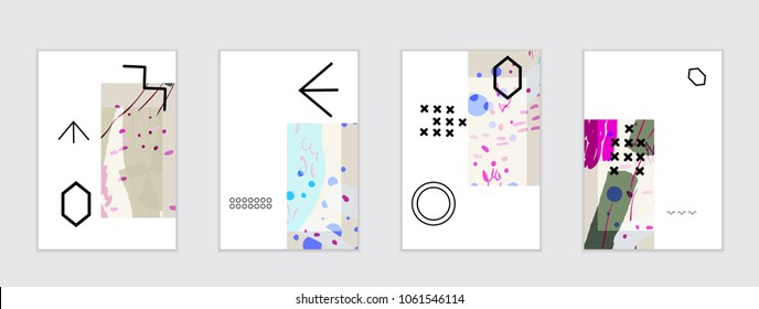 Set of artistic abstract universal card templates with simple geometric shapes and hand drawn doodle texture. Social media web banner. Bright colored isolated on white background cover template.