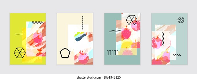 Set of artistic abstract universal card templates with simple geometric shapes and hand drawn doodle texture. Social media web banner. Bright colored isolated on white background cover template.