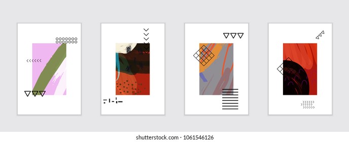 Set of artistic abstract universal card templates with simple geometric shapes and hand drawn doodle texture. Social media web banner. Bright colored isolated on white background cover template.