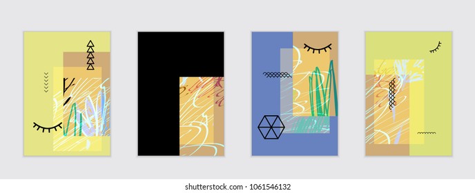 Set of artistic abstract universal card templates with simple geometric shapes and hand drawn doodle texture. Social media web banner. Bright colored isolated on white background cover template.