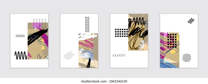 Set of artistic abstract universal card templates with simple geometric shapes and hand drawn doodle texture. Social media web banner. Bright colored isolated on white background cover template.